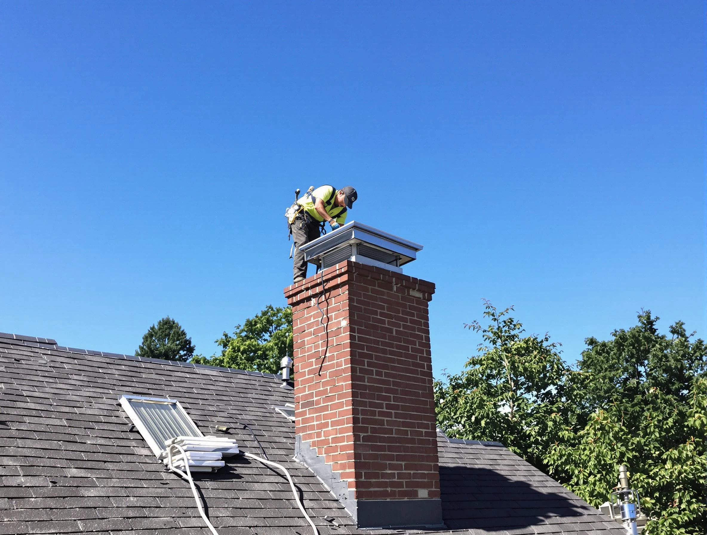 Wakefield Chimney Sweep technician measuring a chimney cap in Wakefield, MA